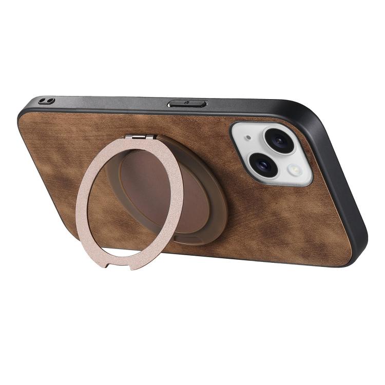 For iPhone 14 Plus Retro Leather Rotation Round Holder Phone Case