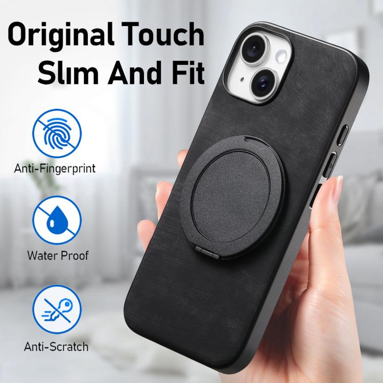 For iPhone 14 Plus Retro Leather Rotation Round Holder Phone Case