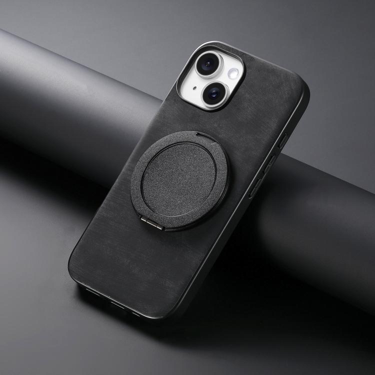For iPhone 14 Plus Retro Leather Rotation Round Holder Phone Case