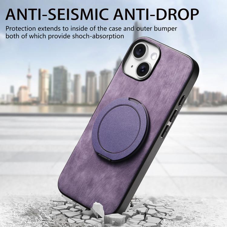 For iPhone 14 Plus Retro Leather Rotation Round Holder Phone Case