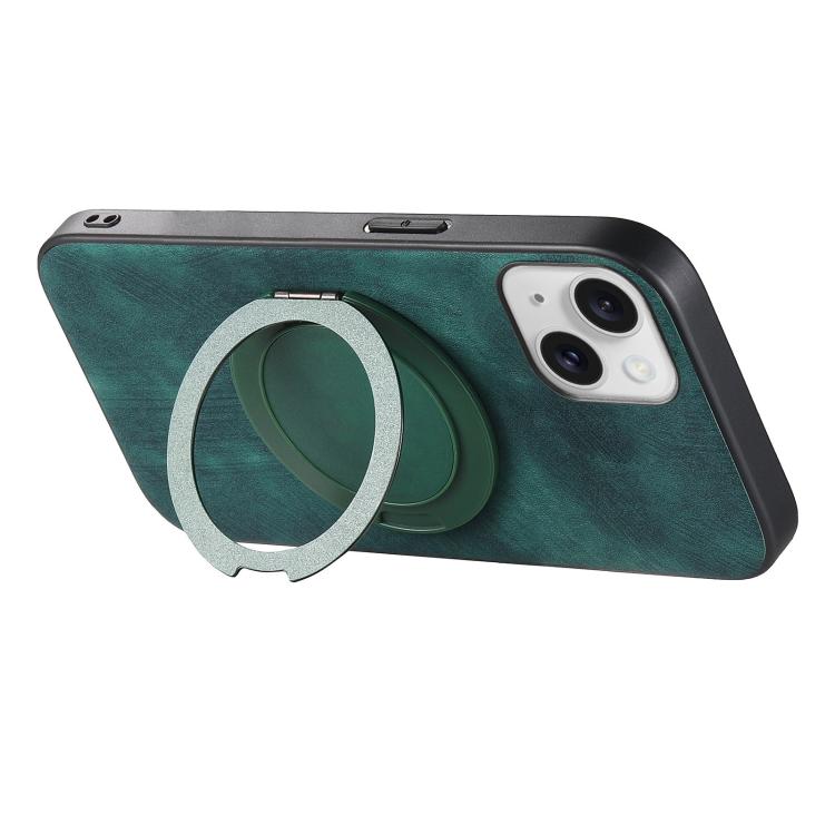For iPhone 14 Plus Retro Leather Rotation Round Holder Phone Case