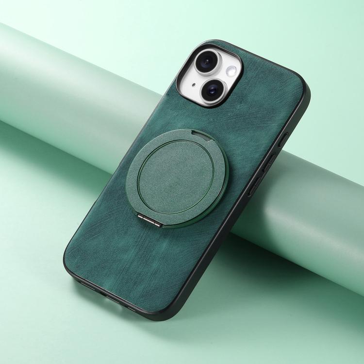 For iPhone 14 Plus Retro Leather Rotation Round Holder Phone Case