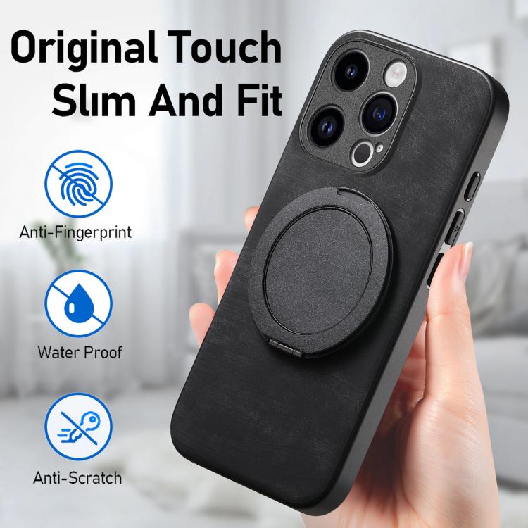 For iPhone 14 Pro Retro Leather Rotation Round Holder Phone Case