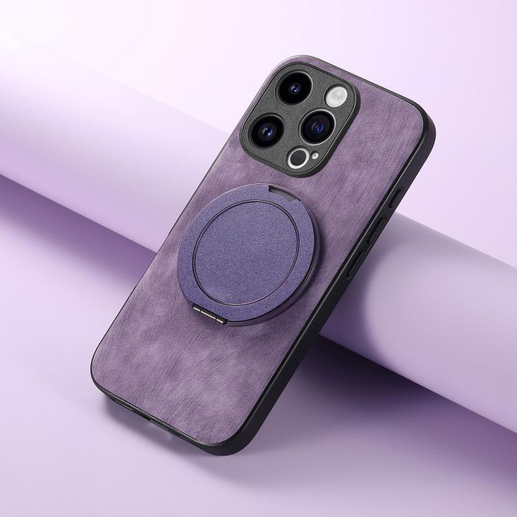 For iPhone 14 Pro Retro Leather Rotation Round Holder Phone Case