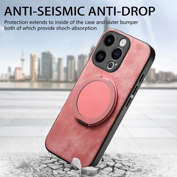 For iPhone 14 Pro Max Retro Leather Rotation Round Holder Phone Case