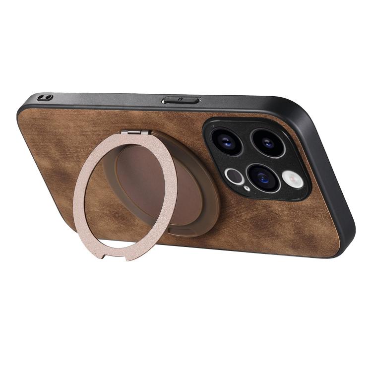 For iPhone 14 Pro Max Retro Leather Rotation Round Holder Phone Case