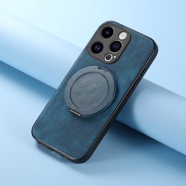For iPhone 14 Pro Max Retro Leather Rotation Round Holder Phone Case