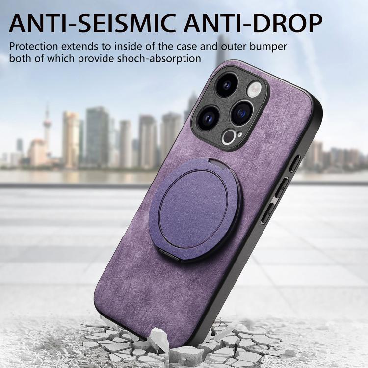 For iPhone 14 Pro Max Retro Leather Rotation Round Holder Phone Case