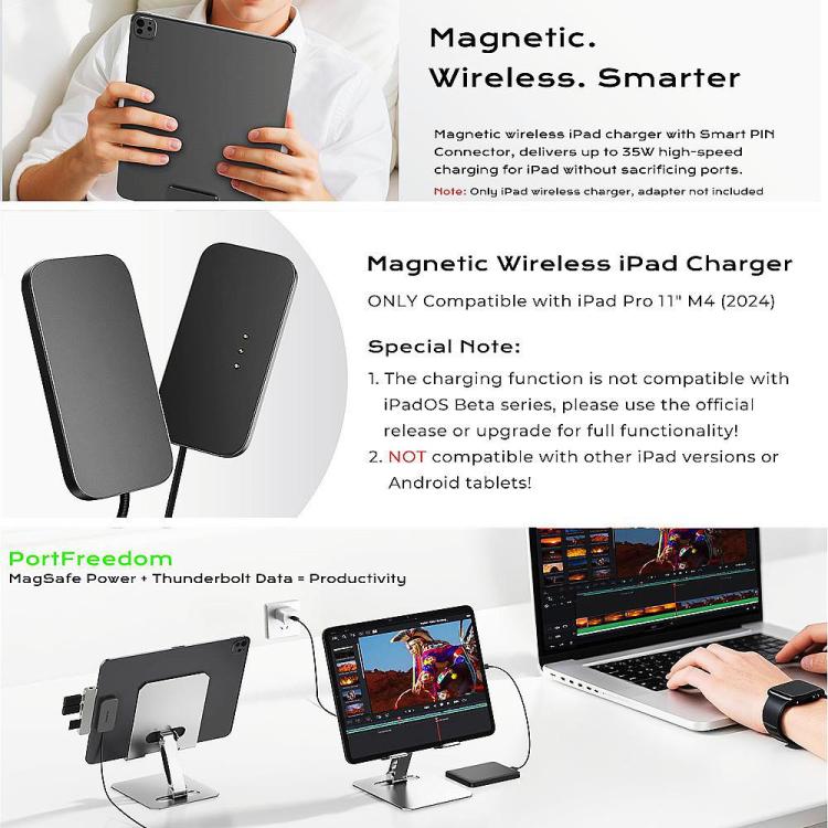 For iPad Pro 11 2025 Smart PIN Magnetic Charger Wireless Charging Pad with Type-C Cable