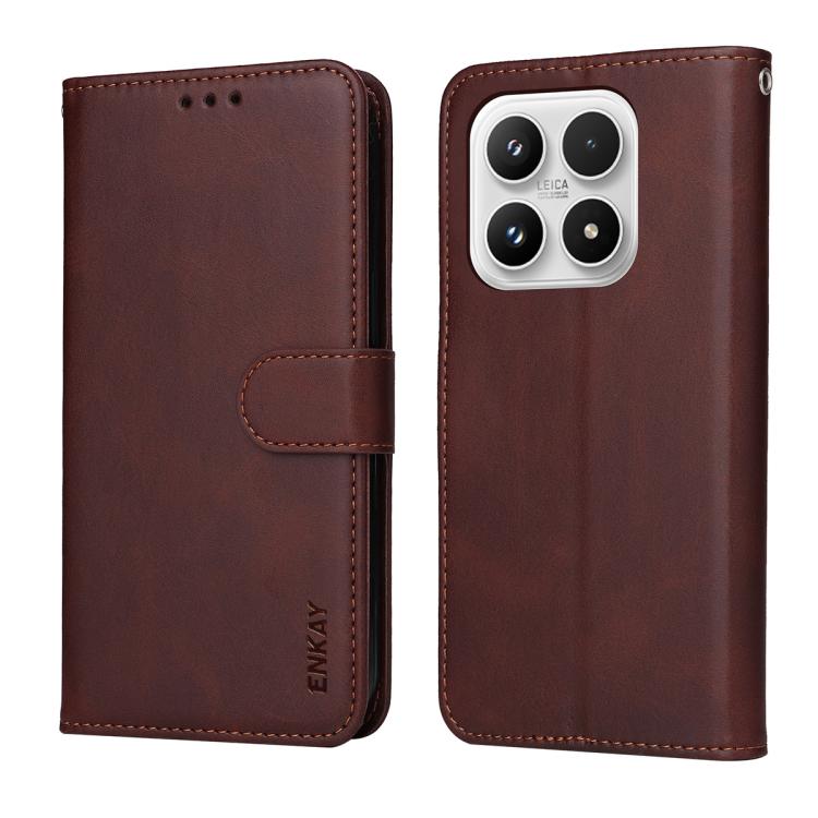 For Xiaomi 17 ENKAY Card Wallet Calf Texture Leather Phone Case with 0.18mm High Aluminum-silicon Glass Film