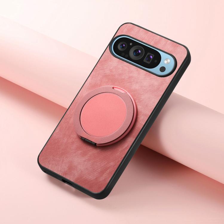 For Google Pixel 9 Pro XL Retro Leather Rotation Round Holder Phone Case