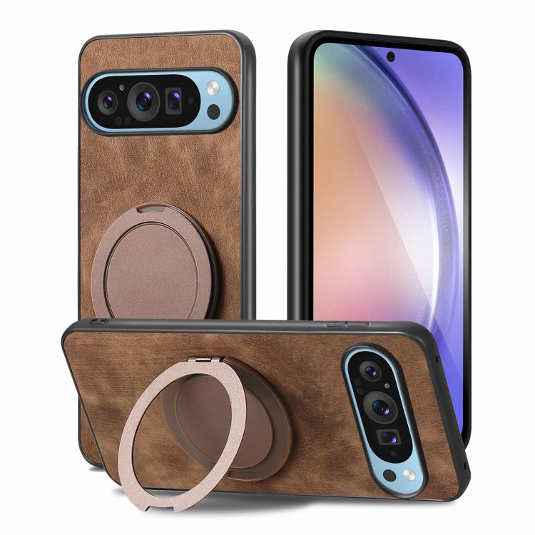 For Google Pixel 9 Pro XL Retro Leather Rotation Round Holder Phone Case