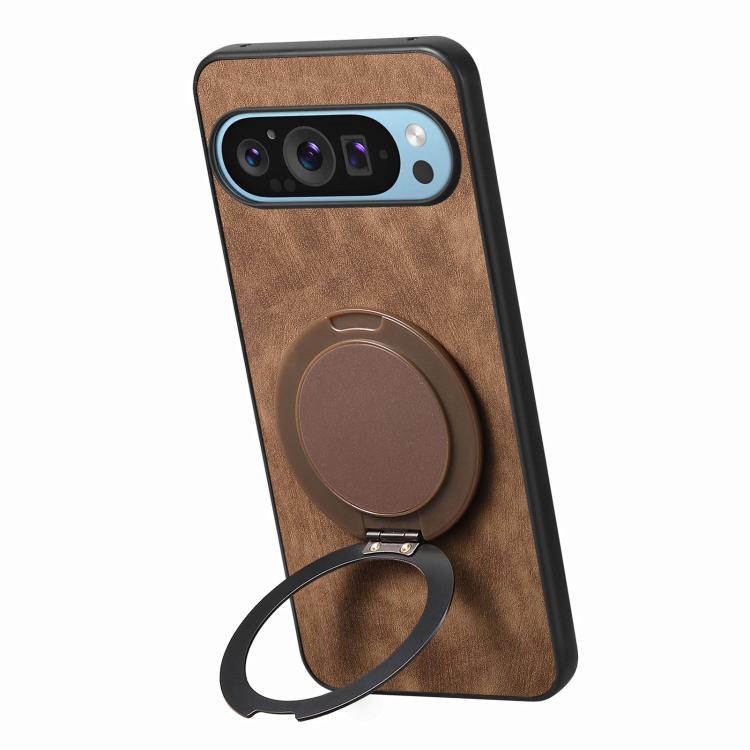 For Google Pixel 9 Pro XL Retro Leather Rotation Round Holder Phone Case