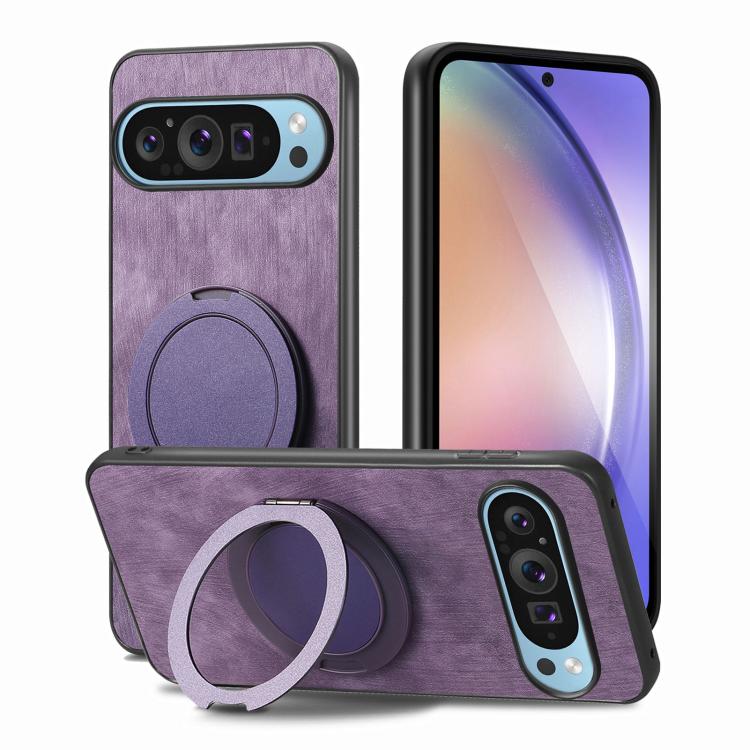 For Google Pixel 9a Retro Leather Rotation Round Holder Phone Case