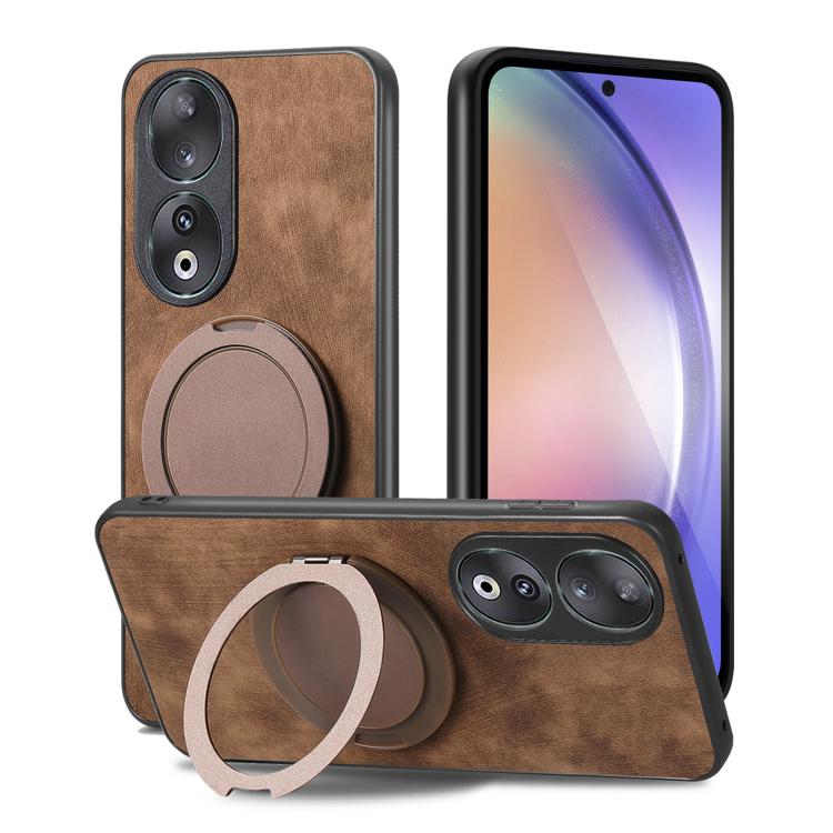 For Honor 90 Retro Leather Rotation Round Holder Phone Case