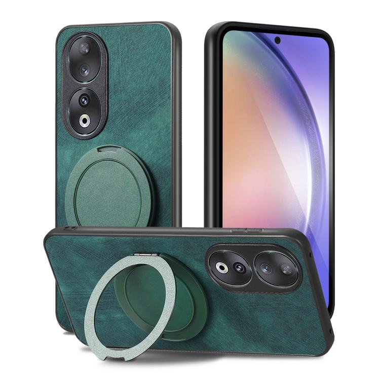 For Honor 90 Retro Leather Rotation Round Holder Phone Case