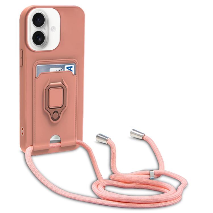 For iPhone 17 Sliding Camshield Magnetic Card Holder Silicone Phone Case with Lanyard - Pink