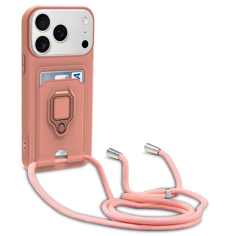 For iPhone 17 Pro Max Sliding Camshield Magnetic Card Holder Silicone Phone Case with Lanyard - Pink