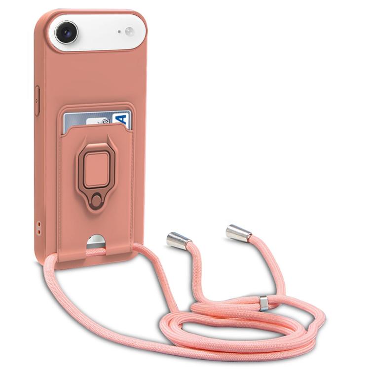 For iPhone Air Sliding Camshield Magnetic Card Holder Silicone Phone Case with Lanyard - Pink
