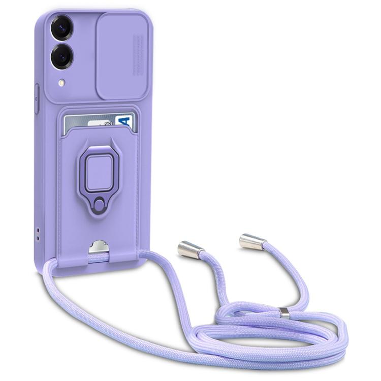 For Samsung Galaxy S25 Edge 5G Sliding Camshield Magnetic Card Holder Silicone Phone Case with Lanyard