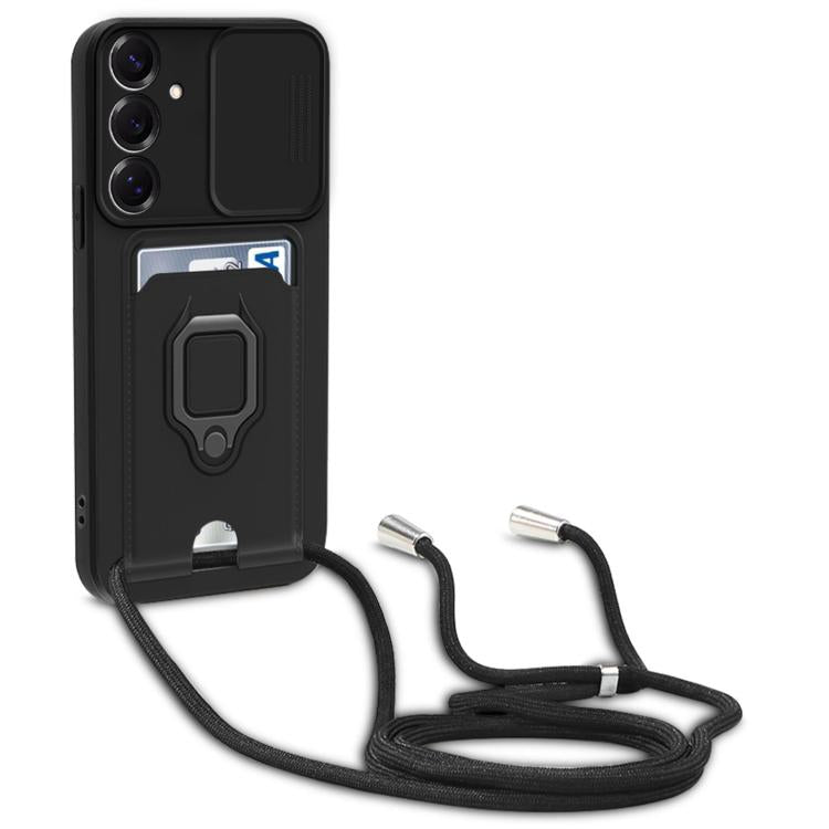 For Samsung Galaxy A36 5G Sliding Camshield Magnetic Card Holder Silicone Phone Case with Lanyard