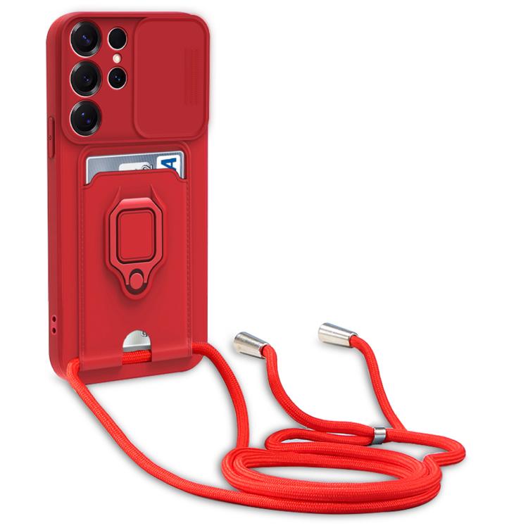 For Samsung Galaxy A05 Sliding Camshield Magnetic Card Holder Silicone Phone Case with Lanyard