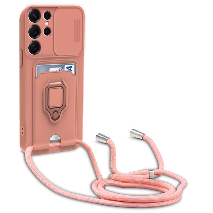 For Samsung Galaxy S22 Ultra 5G Sliding Camshield Magnetic Card Holder Silicone Phone Case with Lanyard