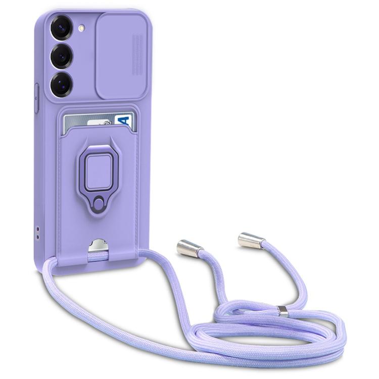 For Samsung Galaxy S22+ 5G Sliding Camshield Magnetic Card Holder Silicone Phone Case with Lanyard