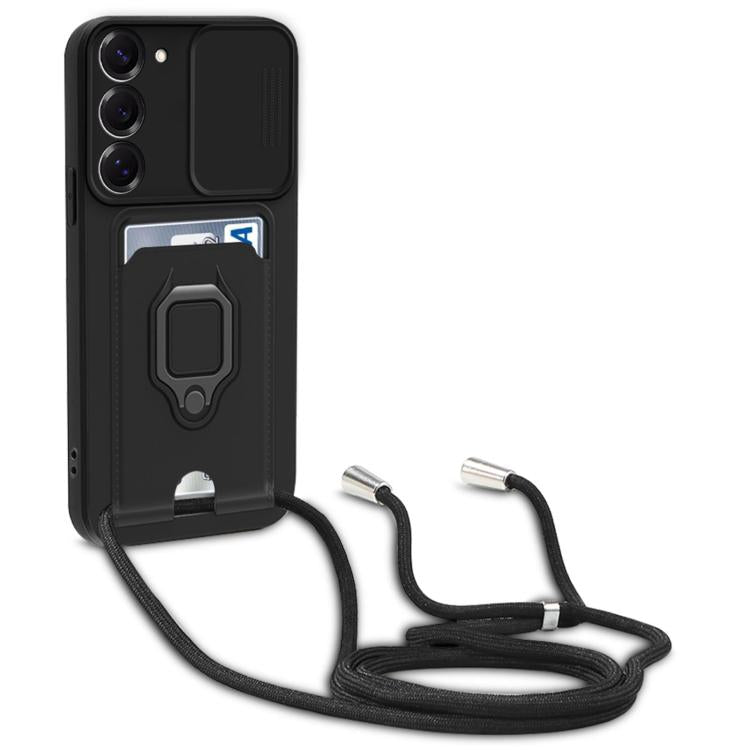 For Samsung Galaxy S22+ 5G Sliding Camshield Magnetic Card Holder Silicone Phone Case with Lanyard