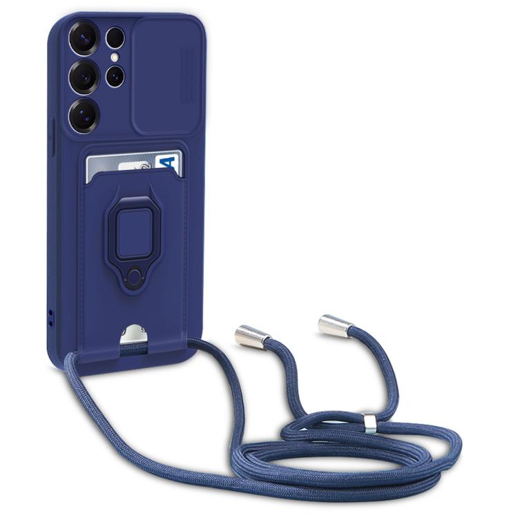 For Samsung Galaxy A32 4G Sliding Camshield Magnetic Card Holder Silicone Phone Case with Lanyard