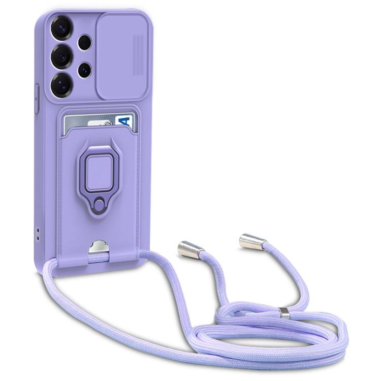 For Samsung Galaxy A52 4G / 5G Sliding Camshield Magnetic Card Holder Silicone Phone Case with Lanyard