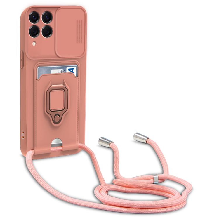 For Samsung Galaxy A12 4G Sliding Camshield Magnetic Card Holder Silicone Phone Case with Lanyard