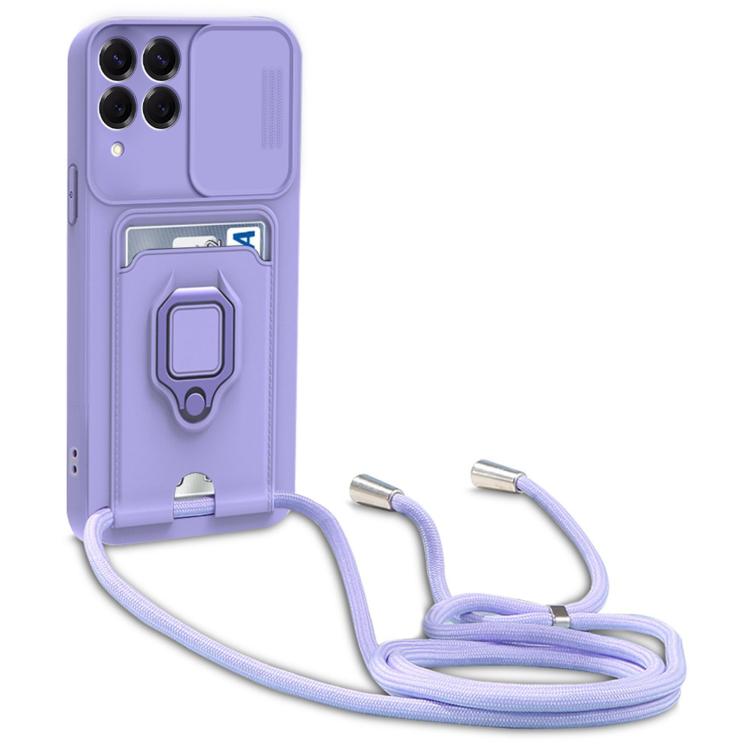 For Samsung Galaxy A12 4G Sliding Camshield Magnetic Card Holder Silicone Phone Case with Lanyard