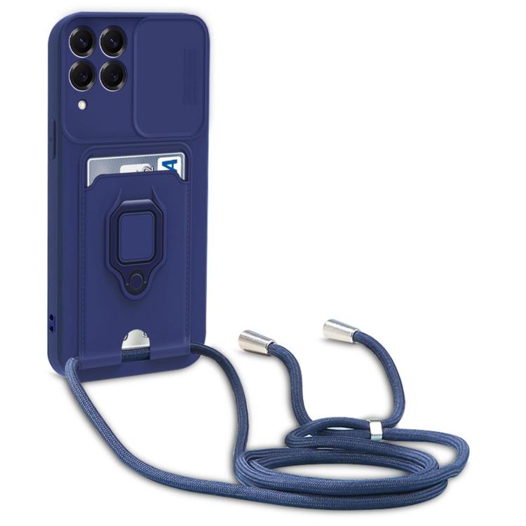 For Samsung Galaxy A12 4G Sliding Camshield Magnetic Card Holder Silicone Phone Case with Lanyard