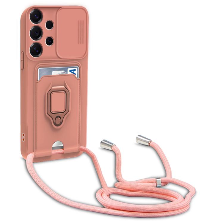 For Samsung Galaxy A23 4G / 5G Sliding Camshield Magnetic Card Holder Silicone Phone Case with Lanyard