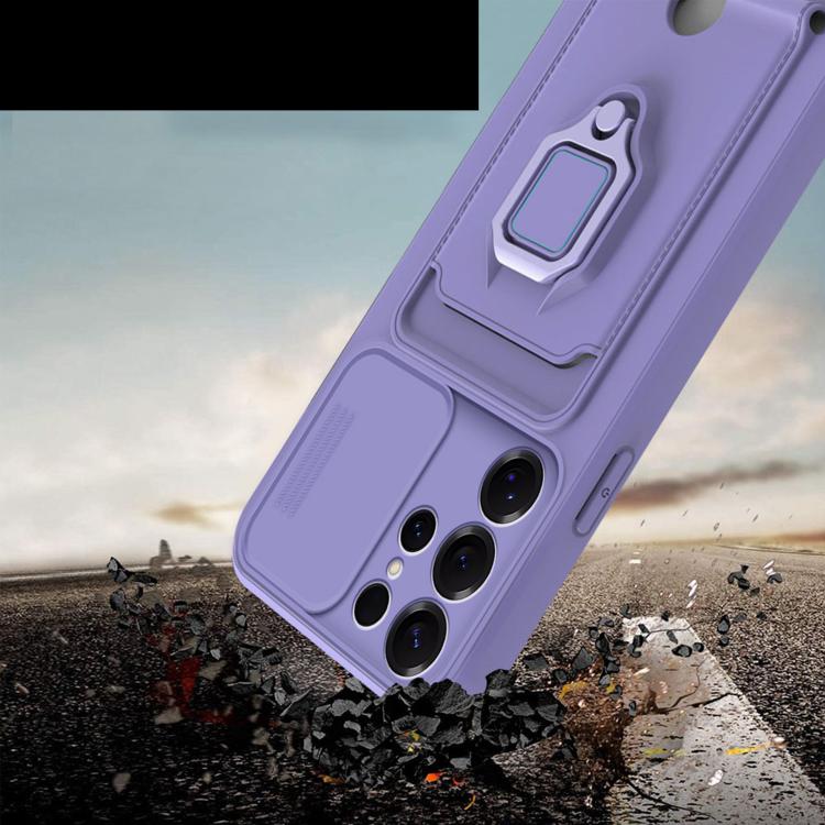 For Samsung Galaxy A32 4G Sliding Camshield Magnetic Card Holder Silicone Phone Case with Lanyard