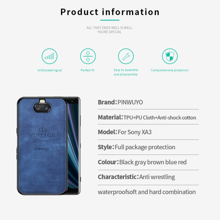 PINWUYO Shockproof Waterproof Full Coverage TPU + PU Cloth+Anti-shock Cotton Protective Case for Sony Xperia 10 / Xperia XA3