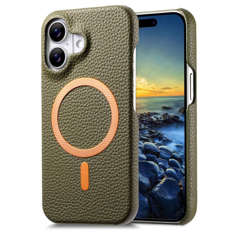 For iPhone 16 Litchi Texture Brushed MagSafe PU Back Cover Phone Case