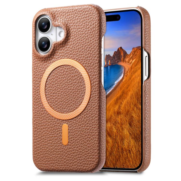 For iPhone 16 Litchi Texture Brushed MagSafe PU Back Cover Phone Case