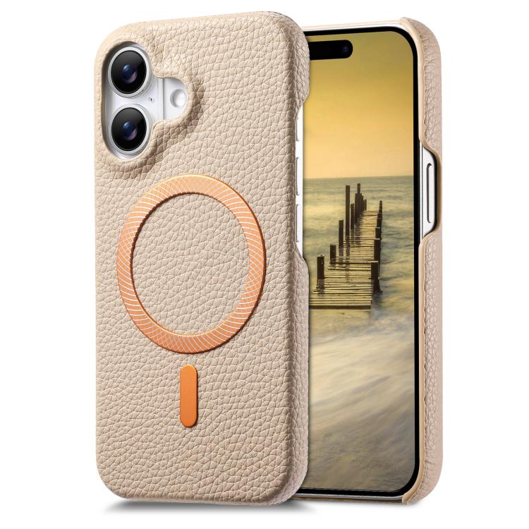 For iPhone 16 Litchi Texture Brushed MagSafe PU Back Cover Phone Case