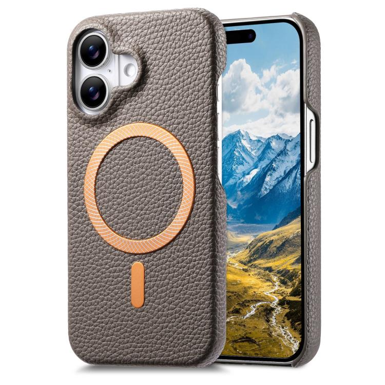 For iPhone 16 Litchi Texture Brushed MagSafe PU Back Cover Phone Case