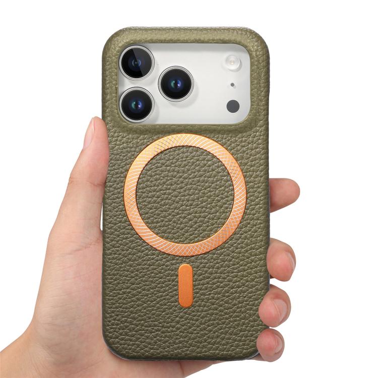 For iPhone 17 Pro Litchi Texture Brushed MagSafe PU Back Cover Phone Case