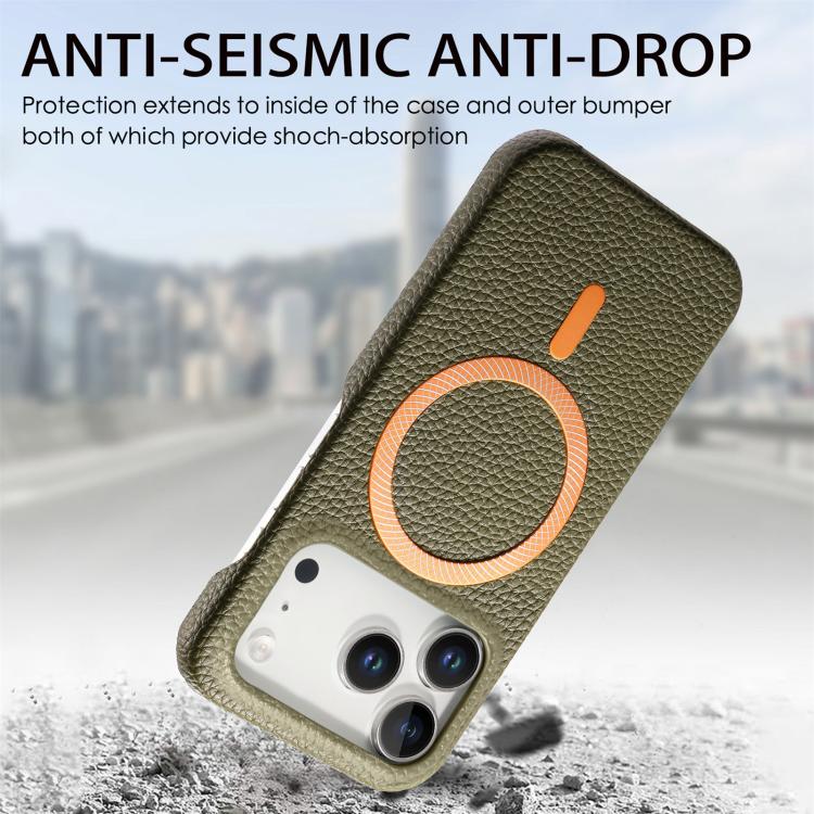 For iPhone 17 Pro Litchi Texture Brushed MagSafe PU Back Cover Phone Case