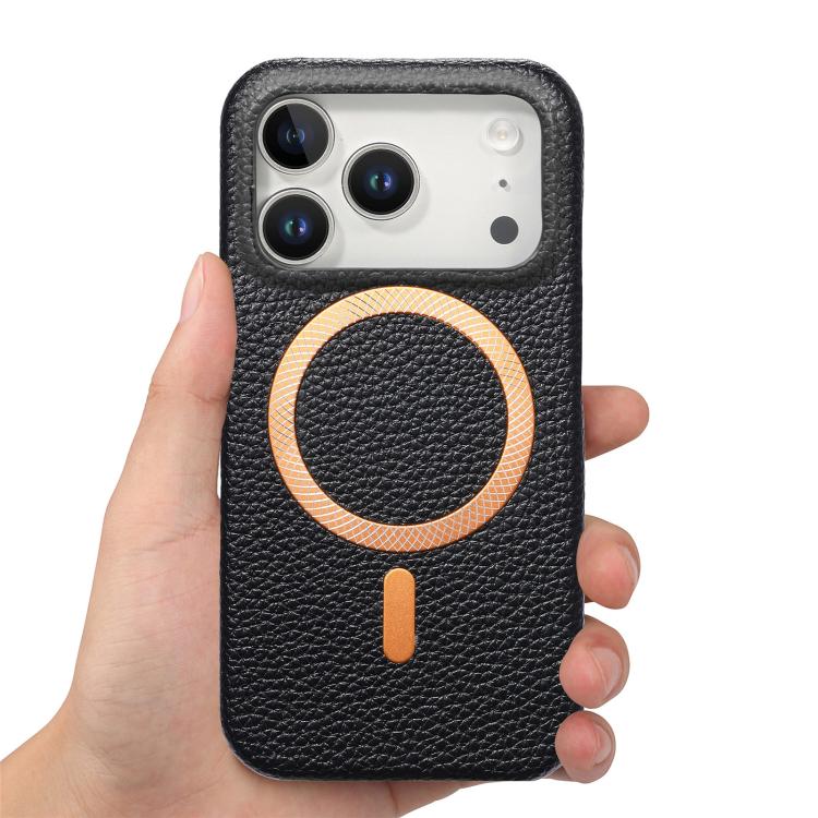 For iPhone 17 Pro Litchi Texture Brushed MagSafe PU Back Cover Phone Case