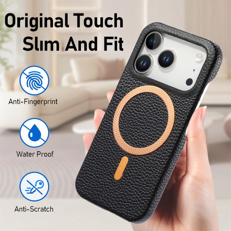 For iPhone 17 Pro Litchi Texture Brushed MagSafe PU Back Cover Phone Case