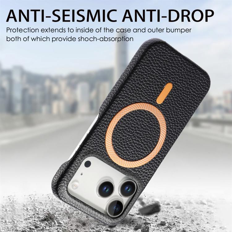 For iPhone 17 Pro Litchi Texture Brushed MagSafe PU Back Cover Phone Case
