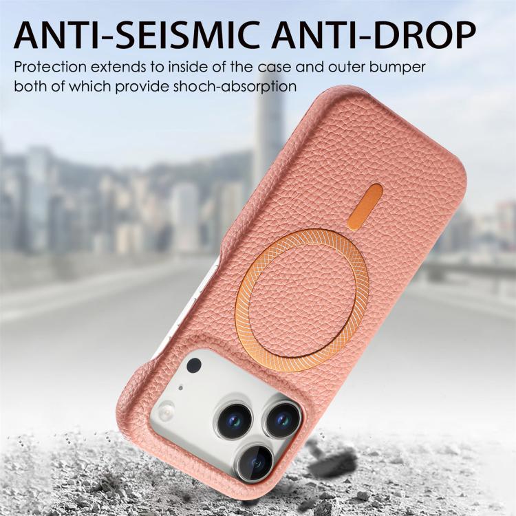 For iPhone 17 Pro Litchi Texture Brushed MagSafe PU Back Cover Phone Case