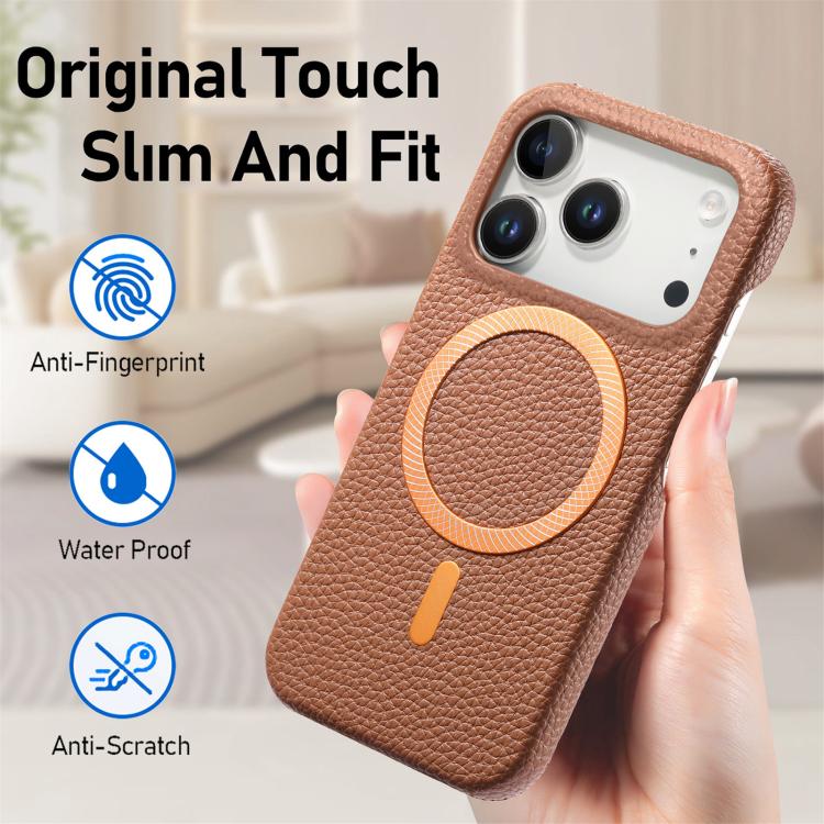For iPhone 17 Pro Litchi Texture Brushed MagSafe PU Back Cover Phone Case