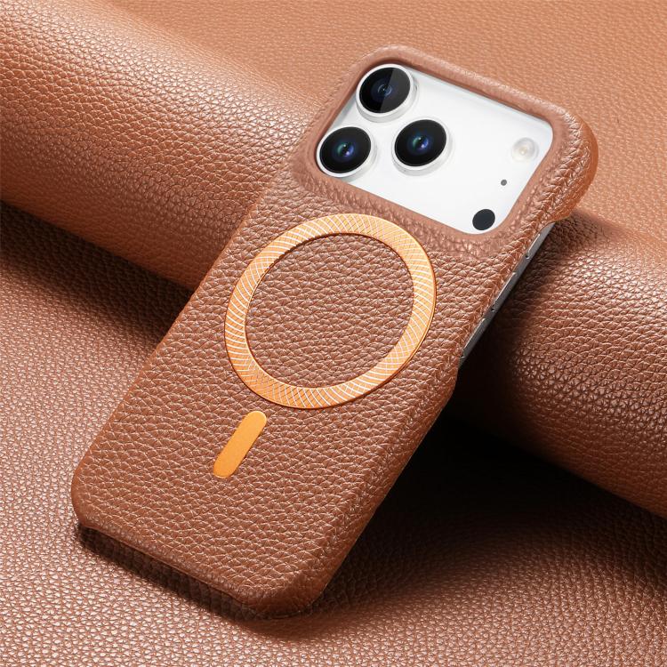 For iPhone 17 Pro Litchi Texture Brushed MagSafe PU Back Cover Phone Case