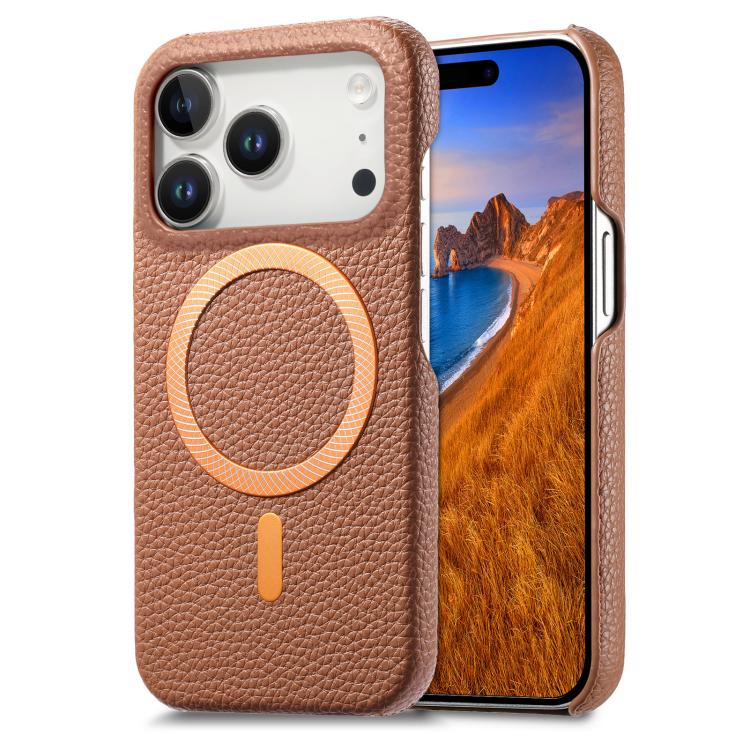 For iPhone 17 Pro Litchi Texture Brushed MagSafe PU Back Cover Phone Case
